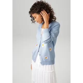 Strickjacke ANISTON CASUAL, Damen, Gr. 36, bunt (hellblau, weiß, gelb), Feinstrick, Obermaterial: 100% Baumwolle, bestickt, geblümt, lässig geschnitten hüftlang, V-Ausschnitt, Strickbündchen, Strickjacken Strickjacke, mit aufgestickten Margeriten verziert, Topseller