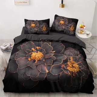 Luowei Blumen Bettwäsche 135x200cm 4 Teilig Schwarz Orange Vintage Floral Bettbezug Set mit Reißverschluss Weiche Microfaser Deckenbezug und 2 Kissenbezüge 80 x 80cm