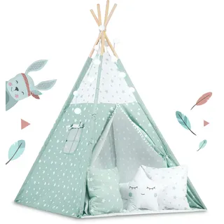 Nukido Tipi Zelt für Kinder Teepee Girlande Kissen - Zelt - Kinderzelt - Kinderspielhaus - Spielzelt - Kinderhaus - Kinderzelt für Drinnen und Draußen - Spielmatte Kinder - Weiß - Grün