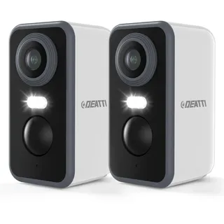 DEATTI Überwachungskamera Aussen Akku, 2K Kamera Überwachung Kabellos WLAN Außen/Innen, WiFi Kamera Outdoor mit PIR Bewegungsmelder, 2-Wege-Audio, Farbnachtsicht, IP66 Wasserdicht, Alexa, 2Pcs