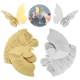 Kesote 100x Tischkarten Schmetterling Hochzeit Nameskarten Glasanhänger Platzkarten Taufe Kommunion Tischdeko (Gold und Silber)
