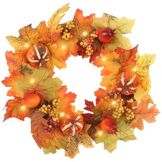 CYIOU 35 cm Türkranz Herbstdeko Hängende Herbstkranz Haustür | Autumn Door Wreath mit Künstlicher Kleine Kürbis Beeren Ahornblattreben für Erntedankfest Halloween Weihnachten Hochzeit