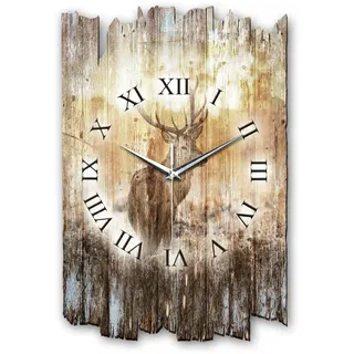 Kreative Feder Designer Wanduhr „Hirsch“ aus Holz 40x27cm im Shabby Style Design - Designeruhr mit flüsterleisem Uhrwerk ohne Ticken (Hirsch, leises Funkuhrwerk)