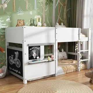 Kinderbett Halbhochbett 90x200 cm, mit 2 Gekritzeltafel für Kinder, Hochbett mit Dreistufiges Treppendesign, Lattenrost und Rausfallschutz, Ohne Matratze, Weiß/204x98.5x110cm