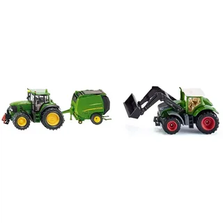 Siku 1665, John Deere Traktor mit Ballenpresse inkl. 2 Ballen, Metal/Kunststoff, Grün, Bewegliche Teile & 1393, Fendt 1050 Vario Traktor mit Frontlader, Grün/Schwarz, Beweglicher Frontlader