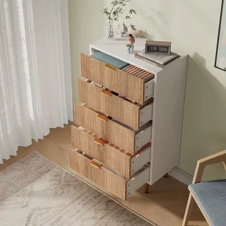 Kommode - Sideboard - 5 Schubladen - Holz - Moderner Landhausstil - Für Schlafzimmer, Wohnzimmer, Flur - Zum Selbstaufbau - Weiß, Gold