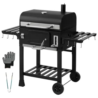 TEENO XXL Grill Grillwagen BBQ Smoker Holzkohlegrill mit Gusseisenrost & Emaille-Pfanne - Mobiler BBQ Grill für Garten, Camping,Outdoor - Inkl. Thermometer,Küchenzange,Grillhandschuh, Robustes Design