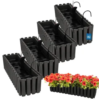 KOTARBAU® Blumenkasten Balkon 58x18x16cm, Balkonkasten mit Wasserspeicher | Blumenkasten für Balkongeländer, Balkonkasten mit Halterung, Pflanzkübel rechteckig, Selbstbewässernd, PVC, Grau, 4er Set