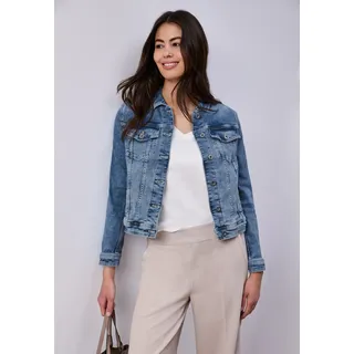 STREET ONE Jeansjacke STREET ONE, Damen, Gr. 44, blau (medium blau wash), Denim/Jeans, Obermaterial: 70% Baumwolle, 28% Polyester, 2% Elasthan, unifarben, regular fit normal, Manschette, Jacken Jeansjacke, mit Brust Taschen