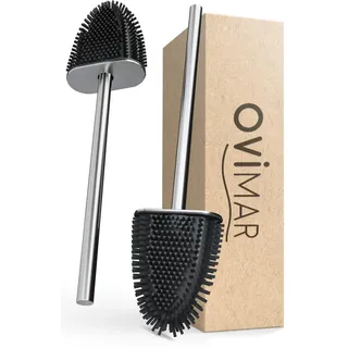 ovimar Ersatzbürste Omofyr | Set 2 Stiele und 2 Bürstenköpfe | Silber | Griff aus Edelstahl | Klobürste mit Silikon Bürstenkopf | Toilettenbürste Flache WC Bürst