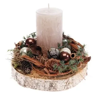 Adventsgesteck Tischgesteck Ø 19 cm H 17 cm Birkenholzscheibe inkl. 1 Rustik Ker