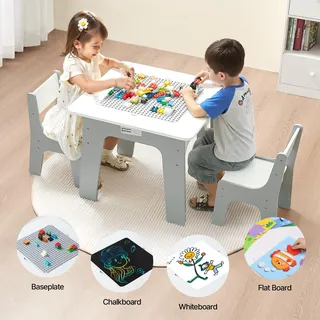 VEVOR Kindertisch 597x597x495 mm, 4-in-1-Aktivitätstisch & 2 Stühle, doppelseitige Tischplatte mit Graffiti & Bausteinen, Spieltisch mit Stauraum, Geschenk für Kinder ab 3 Jahren, weiß