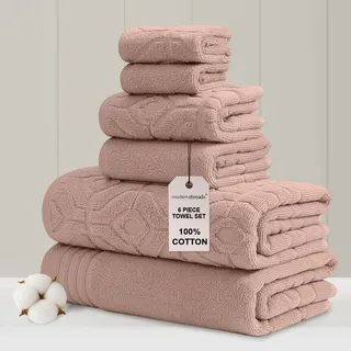 Amrapur Overseas 6-teiliges Garngefärbtes Diamant-Gate-Jacquard-Handtuch-Set, Rosa