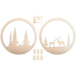 Rayher Holz Kranz Winterland, FSC Mix Credit, 30cm ø, natur, Set 14-tlg., mit Stegen, Box 1Set, Holz Deko Kranz mit Motiv, Weihnachtsdekoration, 62982505