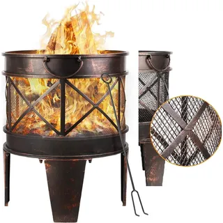 Garten Feuerstelle - Feuerkorb - 58 x 45 cm - Funkenschutz - Griffe - Zum Grillen - Antiker Rost-Look