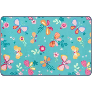 Kinderteppich "PAPILLON, Made in Belgium", blau (türkis), B:100cm H:6,5mm L:150cm, Polyamid, PRIMAFLOR-IDEEN IN TEXTIL, Teppiche, Kinderteppich, Motiv Schmetterlinge, Kinderzimmer