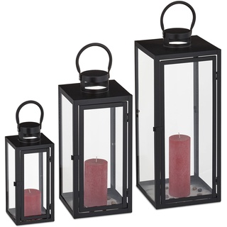 Relaxdays Laternen 3er Set, Deko Laternen für draußen & drinnen, 3 Größen, modern, Metall Windlicht für Kerzen, schwarz, 10034253