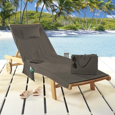 Delindo Lifestyle Frottee Strandliegenauflage Miami anthrazit mit Taschen und Kissen, Bezug für Gartenliege, faltbar aus 100% Baumwolle, 80x180 cm
