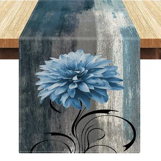 Tischläufer Moderne Boho Marine Blau und Grau Blume Tischdecke Abstrakte Kunstmalerei Blumen Tischläufer Leinen für Weihnachten Feiertage Küche Bankett Esszimmer 40x140cm Herbst