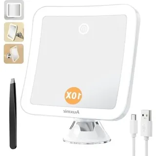 Beleuchteter Schminkspiegel - 10-fache Vergrößerung - wiederaufladbar - quadratischer Spiegel - Weiß