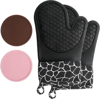 Ofenhandschuhe Silikon Hitzebeständig Set 2 Backhandschuhe & 2 Topflappen mit Rutschfestem Griff Sicheres Backen und Kochen für Haushalt & Küche, Temperaturbeständig bis 230°C