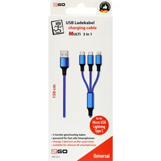 2Go 797151 USB Kabel 1,5 m USB B USB C/Micro-USB B/Lightning Schwarz, Blau