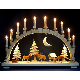 Großer LED Schwibbogen Wildfütterung große Wildtiere Hand- geschnitzt Erzgebirge - mehrfarbig, handschattiert