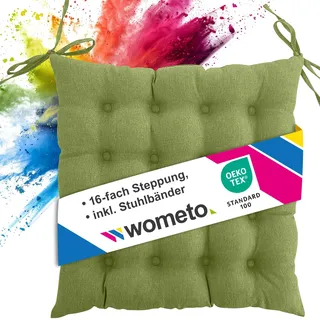 wometo Stuhl Sitzkissen 40x40 Oeko-TEX mit Bändern/Schleifen grün | gesteppte Sitzpolster / Stuhlkissen mit Steppung für Indoor und Outdoor, drinnen und draußen nutzbar