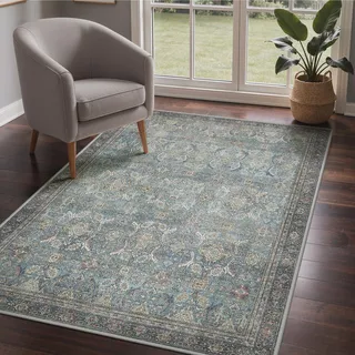 GENIMO Boho Vintage Teppich, Waschbar & rutschfest, Kurzflor Teppich für Wohnzimmer, Schlafzimmer oder Esszimmer, Stilvoller Carpet, Antikes Marineblau, 120x170 cm