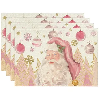 Artoid Mode Rosa Weihnachtsmann Weihnachtskugeln Weihnachten Platzsets 4er Set, 30x45cm Winter Tischset Waschbar Platzdeckchen Küche Party Deko