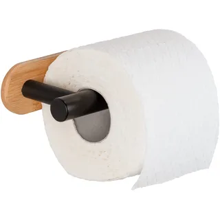 Wenko Turbo-Loc® Orea Bamboo, WC-Papier Halter aus Schwarz matt lackiertem Edelstahl kombiniert mit Einer Wandhalterung aus Bambus, Befestigung ohne Bohren, 16 x 4,5 x 8 cm