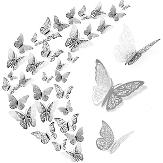 WandSticker4U®- 36er 3D SCHMETTERLINGE Deko SILBER metallic I Papier Schmetterling für Wohnzimmer Kinder-zimmer Mädchen Küche Fenster Möbel Hochzeit Party Wand-Tisch-Deko Geschenke