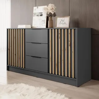 Sideboard Stilo Graphit mit Eiche Artisan Lamellen – 155 cm, 2 Türen, 3 Schubladen, Industrial - Dunkelgrau
