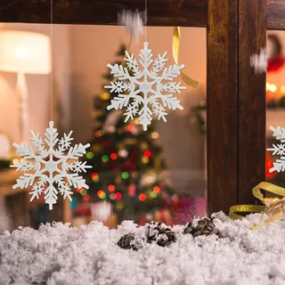 24 x Schneeflocken Weihnachten Deko für Weihnachtsbaum Glitzer Weihnachtsbaumschmuck, Weiß, Kunststoff - Weiß