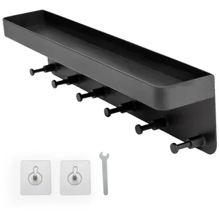 Intirilife Schlüsselbrett mit Ablage in Schwarz - 24.5 x 6 cm - Selbstklebend ohne Bohren - Schlüsselboard, Schlüsselhalter, Schlüsselleiste - Hakenleiste für die Wand mit 6 Haken und Ablagefläche