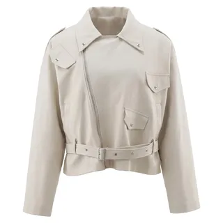 Kunstleder Bikerjacke für Damen in Beige, Größe M, mit verstellbarem Gürtel - Beige