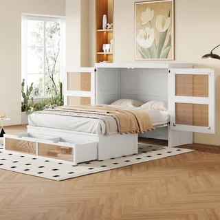 Fortuna Lai Schrankbett 140 x 200 cm, Wandbett mit Lattenrost, Wandklappbett, vertikales schrankbett mit Lattenrost, mit Stauraumschubladen, Rattan-Design, Holzbetten, Jugendbetten, Einzelbetten, Weiß - Weiß