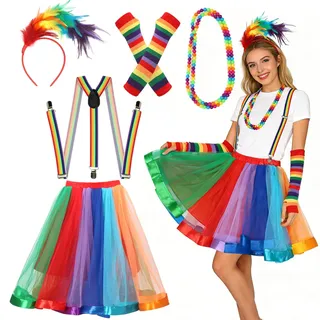 Meleager Regenbogen Kostüm Damen, Regenbogen Tüllrock, 5 Stück 80er Bunt Outfit Damen mit Federstirnband, Hosenträger, Halsketten, Fingerlose Handschuhe, für Karnevalspartys, Halloween, Mottoparty