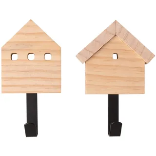 Rayher Holz Wandhaken Haus, 2 Stück, 12,8 cm, Holz FSC zertifiziert, Wandhaken Holz/Metall, Garderobenhaken, 64532000
