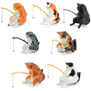 Hsthe Sea 7er Set Japanische Fischkatze mit Angel Miniaturfiguren Aquarium Deko Mini Teich Deko Spielen Basteln Garten Balkon Teiche Schreibtisch Deko
