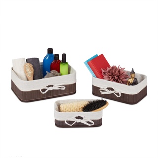 Relaxdays Aufbewahrungskorb, 3er Set, Bambus mit Stoffeinlage, Regal & Schrank, Aufbewahrungsbox,