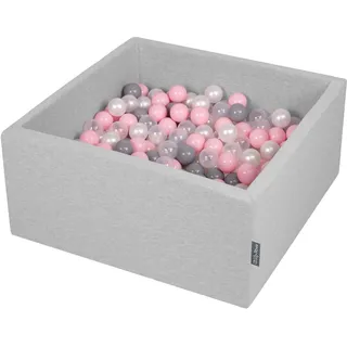 KiddyMoon 90X40cm/300 Bälle ∅ 7Cm Quadrat Bällebad Baby Spielbad Mit Bunten Bällen Made In EU, Hellgrau:Perle/Grau/Transparent/Rosa
