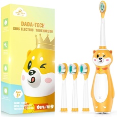 Dada-Tech Elektrische Zahnbürste Kinder ab 3 Jahren Silikon Griff Schallzahnbürste mit Integrierter Timer für Jungen Mädchen, 3 Putzmodi und 4 Zahnbürstenköpfen (Gelb Shiba Inu)