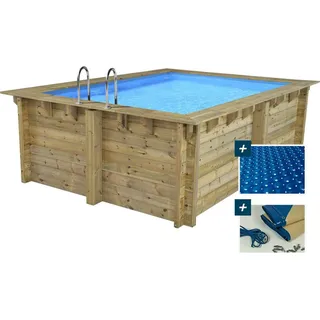 Holzpool rechteckig "Caimans" - 4,10 x 3,00 x 1,24 m + Luftpolster-Abdeckung 180 μ - Winterplane 280 g/m2