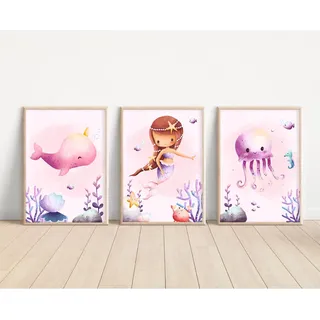 MeinBaby123® Meerjungfrauen Poster | 3er Set DIN A4 | Kinderzimmer Deko für Mädchen | Bild | Geschenk (Meerjungfrauen V1)