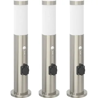 Pollerleuchten mit Sensor&Steckdose 3er 50 cm Edelstahl IP44 - Silber