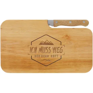 LASERHELD | Brotzeitbrett Holz mit Gravur “Ich muss Weg - der Ber Ruft” & Messer | 26 x 15 cm | Frühstücksbrettchen Holz Schneidebrett Jausenbrett | Geschenk für Wanderer und Bergfreunde