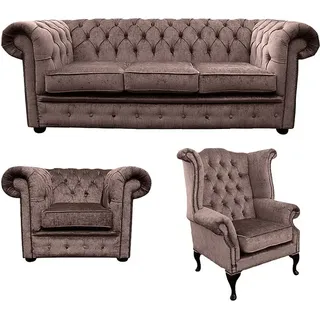 Sofagarnitur Chesterfield Polster Couch Sofa Leder Sitz Garnitur Ohrensessel 418 - Beige