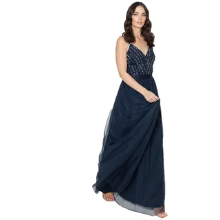 Maya Deluxe Maxi Abendkleid Damen Elegant für Hochzeit mit V-Ausschnitt Tüllkleid Damen mit Schleife Brautjungfernkleid