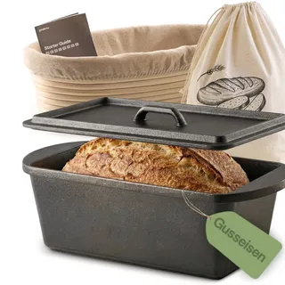 Praknu Gusseisen Topf für Brot Backen Set - 28cm Brotbacktopf mit Gärkorb und Brotbeutel – Bräter mit Deckel – 3 L Brotbackform – Brot Backen Zubehör - Rechteckiger Brottopf